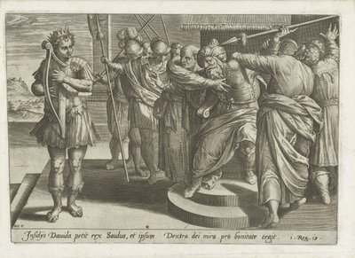 Saul se snaží zabít Davida David a Saul (název série) od Hans Collaert (I)