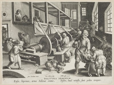 Politura Armorum (Lešticí zbraně), deska 17 ze série Nova Reperta (Moderní objevy) c.1588 (rytina na položený papír) od Hans Collaert