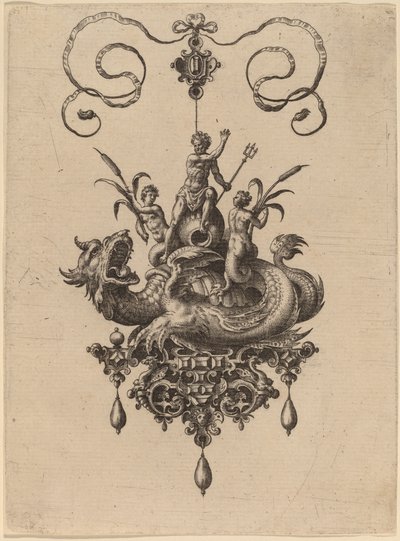 Design pro přívěsek s mořskou příšerou nesoucí Neptun lemovanou dvěma Nereidami od Hans Collaert the Elder