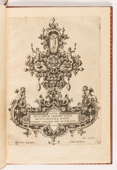 Deska 1, titulní strana ze sady deseti, s názvem Monilium Bullarum Inauriumque Artificocissimae Icones, Ioannis Collaert Opus Postremum (Návrhy náhrdelníků, přívěsků a náušnic nejvyšší dovednosti, závěrečné dílo Joannise Collaerta) od Hans Collaert the Elder