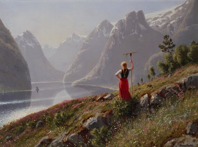 Dívka s hráběmi v krajině fjordu od Hans Dahl