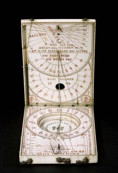 Sluneční hodiny tabletového kompasu, Norimberk, 1574 (viz také 259577-79) od Hans Ducher