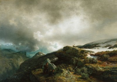 Vysokohorská krajina s lovci sobů (malba) od Hans Gude