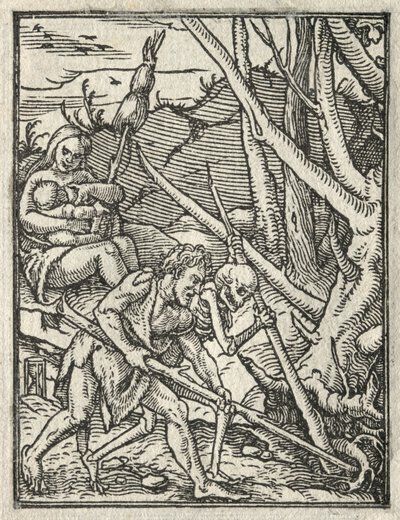 Tanec smrti: Vyhnání z ráje; Adam Cultivating the Ground od Hans Holbein
