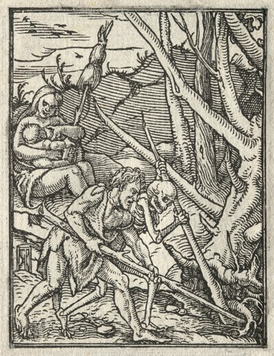 Tanec smrti: Vyhnání z ráje, Adam Cultivating the Ground. od Hans Holbein