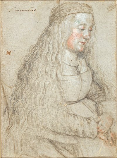 Sedící nevěsta s vlajícími vlasy a čelenkou od Hans Holbein d.Æ.