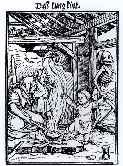 Smrt bere dítě, ze série "Tanec smrti", rytina Hanse Lutzelburgera, asi 1526-8 od Hans Holbein der Jüngere
