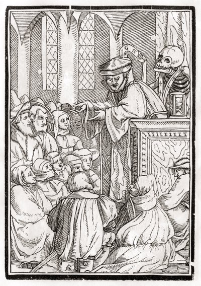 Smrt přichází pro kazatele, vyryl Georg Scharffenberg, z „Der Todten Tanz“, vydaného v Basileji, 1843 od Hans Holbein der Jüngere