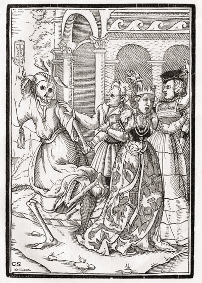 Smrt si přichází pro královnu, vyryl Georg Scharffenberg, z „Der Todten Tanz“, vydaného v Basileji, 1843 od Hans Holbein der Jüngere