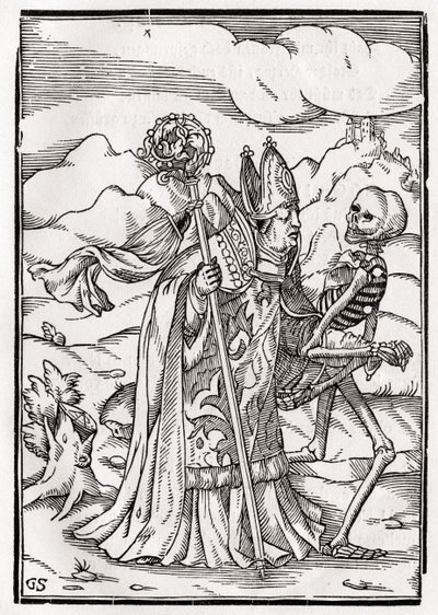 Smrt přichází k biskupovi, vyryl Georg Scharffenberg, z „Der Todten Tanz“, vydaného v Basileji, 1843 od Hans Holbein der Jüngere