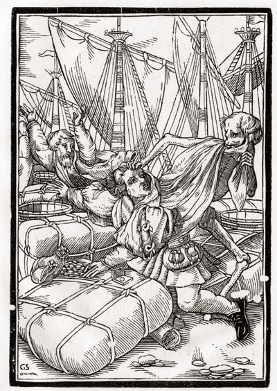 Smrt přichází k obchodníkovi, vyryl Georg Scharffenberg, z „Der Todten Tanz“, vydaného v Basileji, 1843 od Hans Holbein der Jüngere