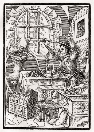 Smrt přichází k lakomcům nebo lichvářům, vyryl Georg Scharffenberg, z „Der Todten Tanz“, vydané v Basileji, 1843 od Hans Holbein der Jüngere