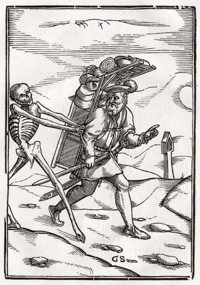 Smrt přichází k podomníkovi, vyryl Georg Scharffenberg, z „Der Todten Tanz“, vydaného v Basileji, 1843 od Hans Holbein der Jüngere