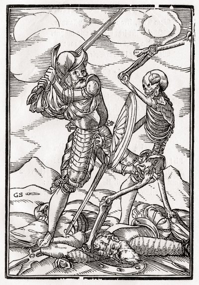 Smrt přichází k vojákovi, vyryl Georg Scharffenberg, z „Der Todten Tanz“, vydané Basilej, 1843 od Hans Holbein der Jüngere