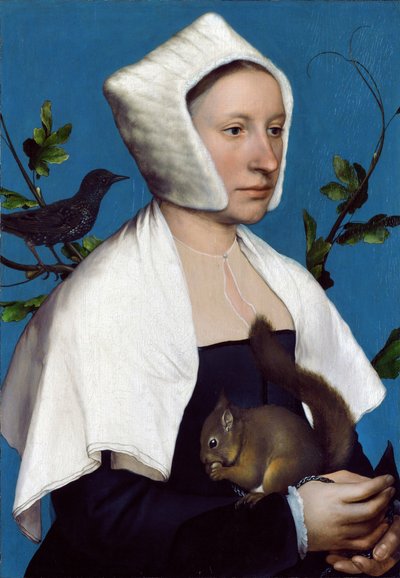 Dáma s veverkou a špačkem, kolem 1526-28 od Hans Holbein der Jüngere