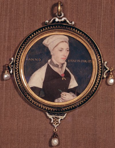 Miniaturní portrét Jane Small, dříve známé jako paní Robert Pemberton, kolem 1540 (wc na pergamenu připevněné na hrací kartě) od Hans Holbein der Jüngere