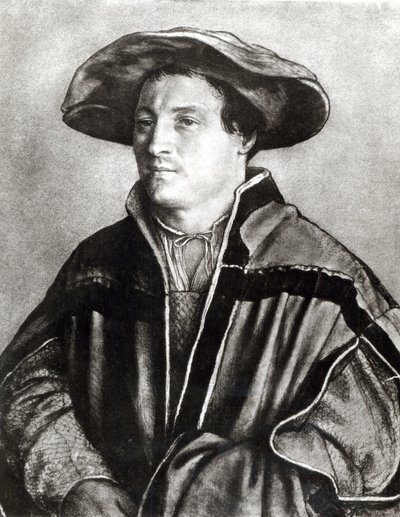 Portrét muže s červeným kloboukem, cca 1530 (křída a wc na papíře) od Hans Holbein der Jüngere