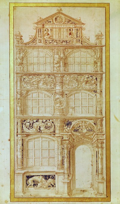 Návrh fasády třípatrového domu a štítu (tužka a tuš na papíře) od Hans Holbein der Jüngere