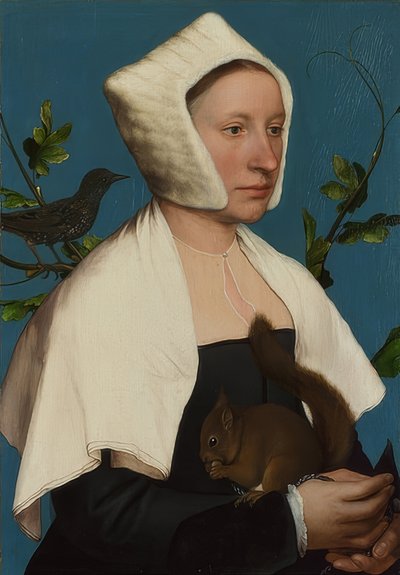 Dáma s veverkou a hvězdou (Anne Lovell?). Kolem 1526-28 od Hans Holbein der Jüngere