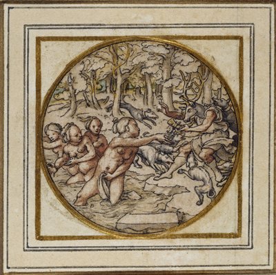 Diana a Actaeon - Design pro odznak přívěsku nebo klobouku, c.1532-43 (pero a inkoust na papíře) od Hans Holbein der Jüngere