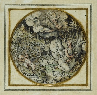 Hagar a Ishmael - Design pro přívěsek nebo odznak klobouku, c.1532-43 (pero a inkoust na papíře) od Hans Holbein der Jüngere