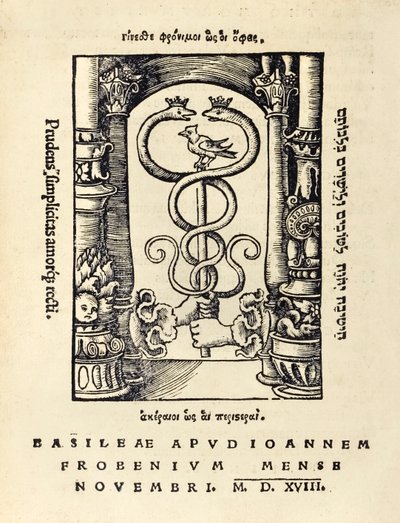 Tiskařská značka Johanna Frobense (asi 1460-1527) zobrazující dvě ruce držící caduceus ze třetího vydání 