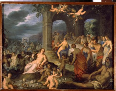 Svátek bohů, svatba Pelea a Thetis. Vlevo Merinská božstva (mloci a naidi). Uprostřed bohyně Země Tellus Mater (nebo Terra Mater nebo Gaia) s abonským rohem od Hans I or Johann Rottenhammer