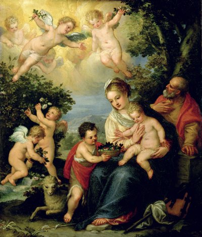 Svatá rodina se sv. Janem Křtitelem a anděly rozdávajícími květiny, (olej na mědi) od Hans I or Johann Rottenhammer