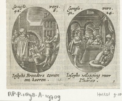 Joseph prodává obilí svým bratrům / Joseph vykládá faraonův sen Scény ze života Josepha (název série) od Hans Janssen