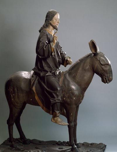 Kristus na oslu, cca 1498, od Hanse Klockera (aktivní cca 1478-1500), polychromovaná dřevěná socha, Itálie od Hans Klocker