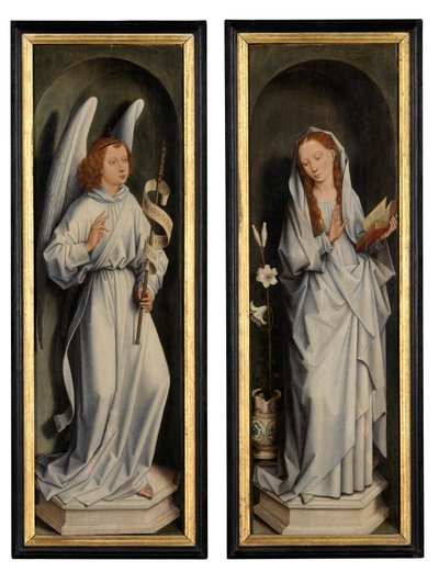 Zadní strana páru křídel zobrazující Zvěstování (olej na panelu) od Hans Memling