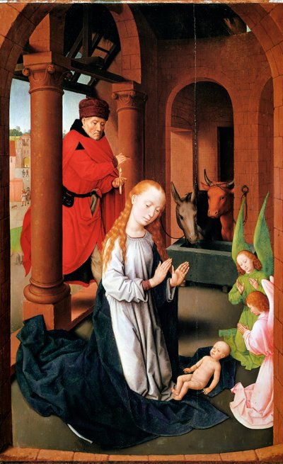 Narození Páně. Levý panel Triptychu adorace (Detrempe na dřevě, kolem roku 1470) od Hans Memling