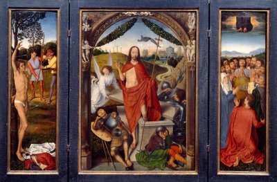 Triptych o vzkříšení. Vlevo: Mučednictví San Sebastian. Vpravo: Nanebevstoupení Krista. Ve středu vzkříšení. Obraz Hanse Memlinga (1435-1494) Ec. Podvod. od Hans Memling