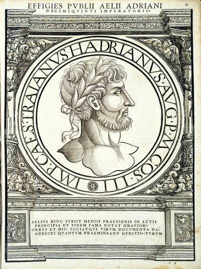 Aelius Hadrianus, ilustrace z Imperatorum romanorum omnium orientalium et occidentalium verissimae imagines ex antiquis numismatis, dřevoryt Rudolpha Wyssenbacha, vytiskl Andreas Gesner, Zuri od Hans Rudolf Manuel Deutsch