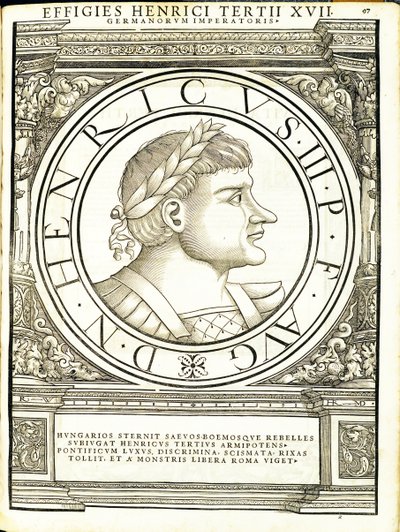 Jindřich III., ilustrace z „Římští císaři celého Východu a Západu“, dřevoryt od Rudolpha Wyssenbacha, tisk Andreas Gesner, Curych od Hans Rudolf Manuel Deutsch