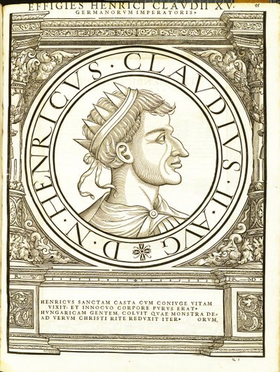 Jindřich II. Claudus, ilustrace od římských císařů celého Východu a Západu s nejautentičtějšími obrázky starověkých mincí, dřevoryt Rudolpha Wyssenbacha, tisk Andreas Gesner, Z od Hans Rudolf Manuel Deutsch