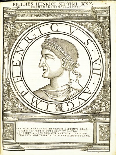 Jindřich VII., ilustrace z „Římští císaři celého Východu a Západu“, dřevoryt od Rudolpha Wyssenbacha, tisk Andreas Gesner, Curych od Hans Rudolf Manuel Deutsch