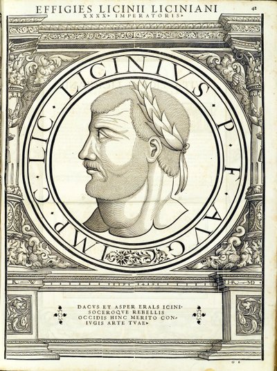 Licinius I., ilustrace z „Římští císaři celého Východu a Západu“, dřevoryt Rudolpha Wyssenbacha, tisk Andreas Gesner, Curych od Hans Rudolf Manuel Deutsch
