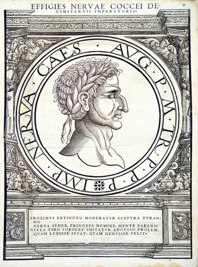Nerva, ilustrace z „Římští císaři celého Východu a Západu“, dřevoryt od Rudolpha Wyssenbacha, tisk Andreas Gesner, Curych, 1559 od Hans Rudolf Manuel Deutsch