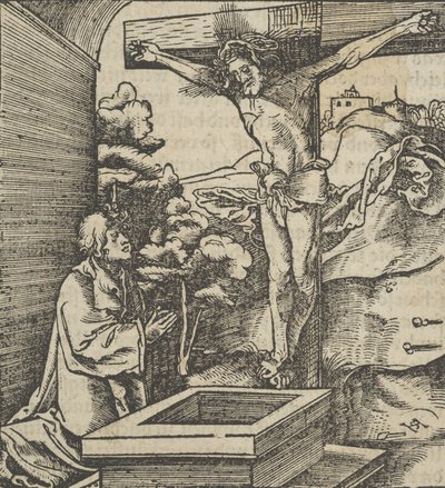 Muž se modlí před krucifixem, z Hymmelwagen auff dem, wer wol Leben..., 1517. od Hans Schäufelein the Elder