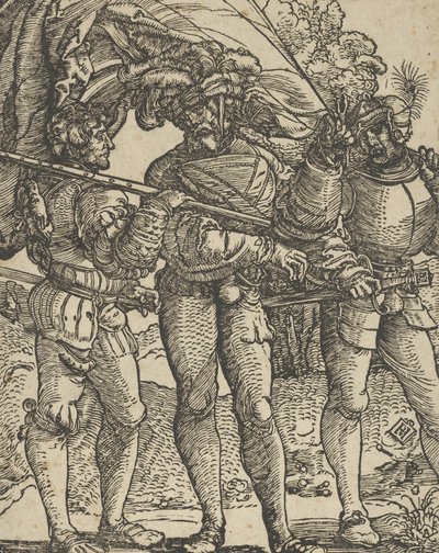 Standard-Bearer lemovaný Lansquenetem na každé straně kopie. od Hans Schäufelein the Elder