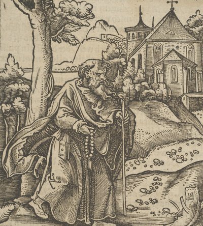 Starý poutník kráčí doprava, z Hymmelwagen auff dem, wer wol Leben..., 1517. od Hans Schäufelein the Elder