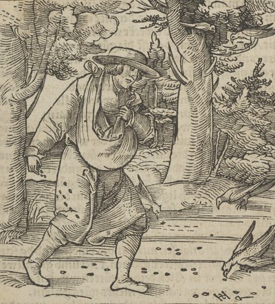 Ptáci jedí semena rozsévače, z Hymmelwagen auff dem, wer wol Leben..., 1517. od Hans Schäufelein the Elder