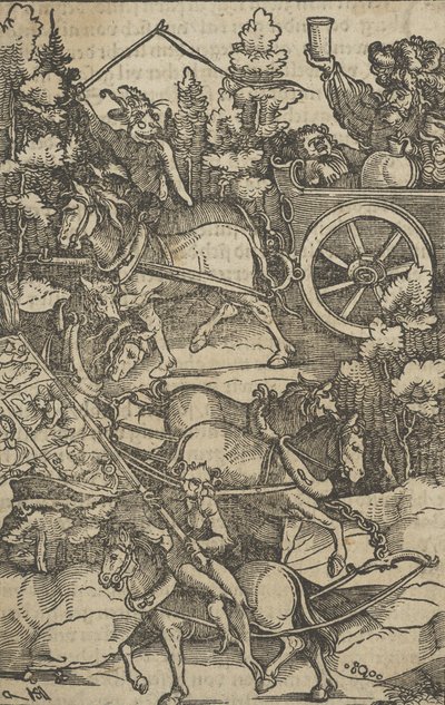 Opilý muž na voze na cestě do pekla, z Hymmelwagen auff dem, wer wol Leben....., 1517. od Hans Schäufelein the Elder