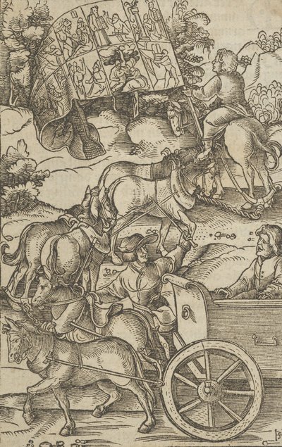Ctnostný muž na voze na cestě do nebe, z Hymmelwagen auff dem, wer wol leb..., 1517. od Hans Schäufelein the Elder