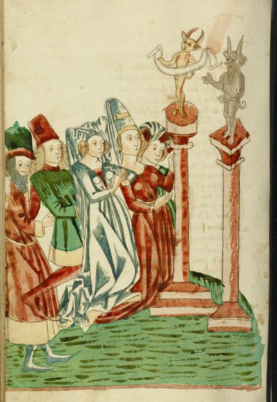 Skupina mužů a žen uctívá dva idoly, 1469 (inkoust, barvy a tempery na papíře) od Hans Schilling