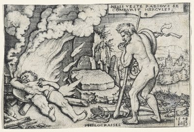 Smrt Herkula, 1548 (rytina na položený papír připevněný na lepenku) od Hans Sebald Beham