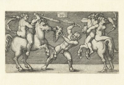 Boj mezi dvěma muži se ženami na koni a stojícím mužem od Hans Sebald Beham