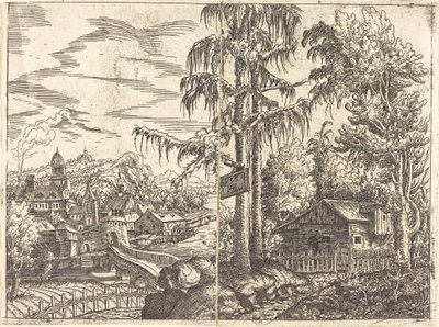 Krajina s výhledem na selskou chalupu a město u řeky, 1551. od Hans Sebald Lautensack