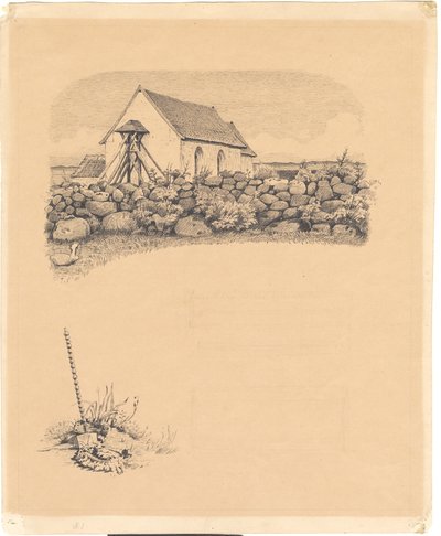 Ilustrace pro sv. Svatý. Tribunály: "Mowns". F.o.: kostel za kameny; f.n.: hrobové místo (?) s rýčem od Hans Smidth